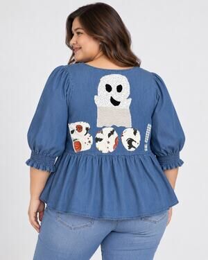 City Chic Halloween Ghost BOO Chambray Peplum Top Plus Size L 20 NWT
